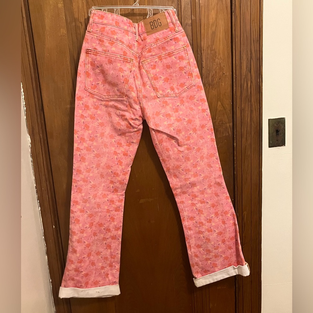 Pink floral denim pants